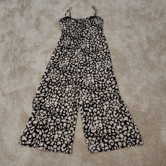 Evolutionary Pants - Evolutionary Leopard Print Wide Leg Jumpsuit Womens Medium Smocked Back Chic